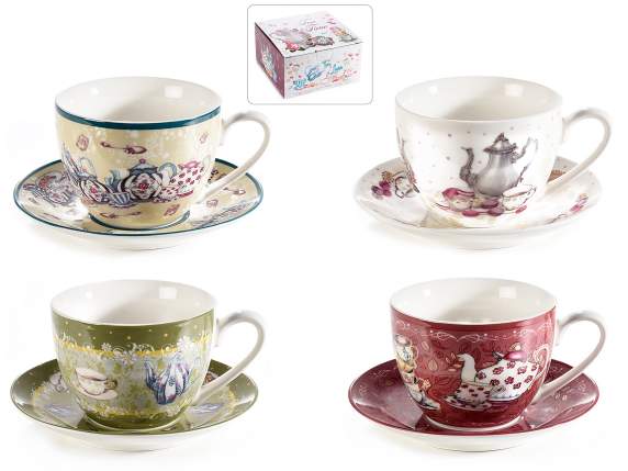Tazza da tè in porcellana decorata c-piattino e scat. regalo